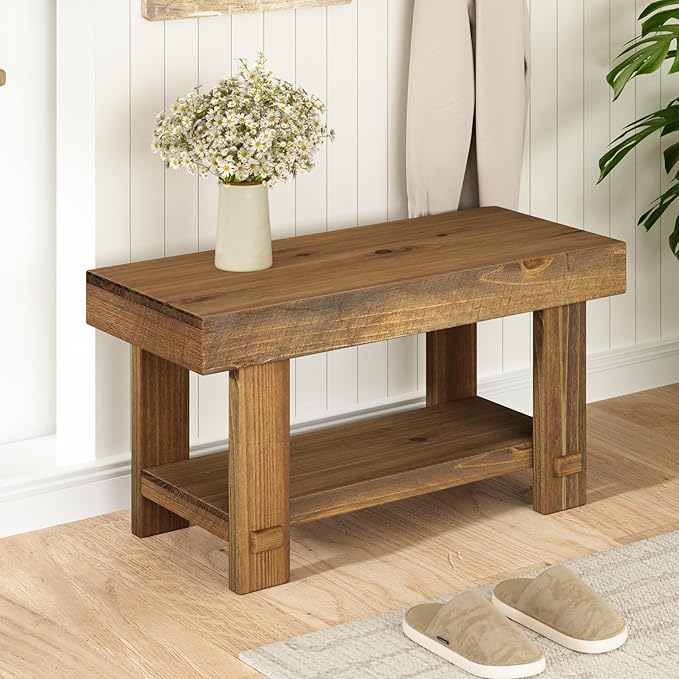 HOKYHOKY Solid Wood Entryway Bench - 31.5" Farmhouse Small Storage Benches, Narrow Bench Seat for Indoor, Entryway, Dining Room, Living Room and Hallway, Rustic Natural