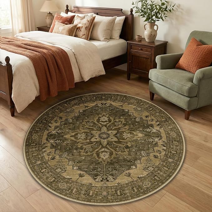 RELEANY Area Rugs Round 4ft Washable Non-Slip, Floral Vintage Distress Medallion Carpet for Living Room Bedroom Dining Room, Brown Dark Brown
