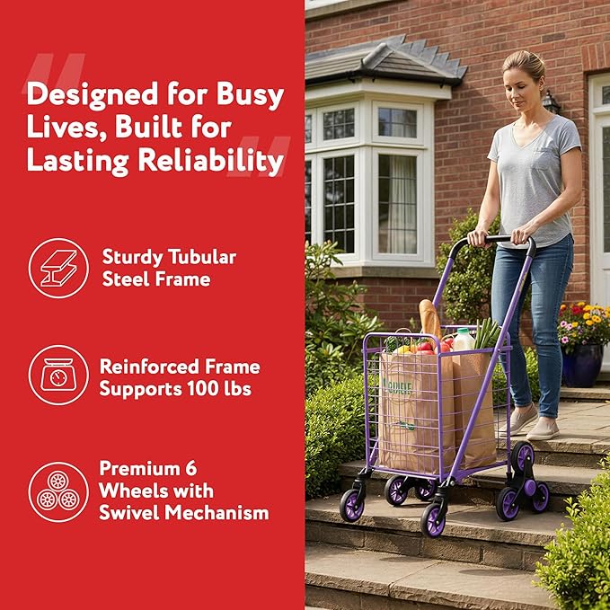 dbest Products Stair Climber Cruiser Cart Shopping Grocery Rolling Folding Laundry Basket on Wheels Foldable Utility Trolley Compact Lightweight Collapsible, Purple