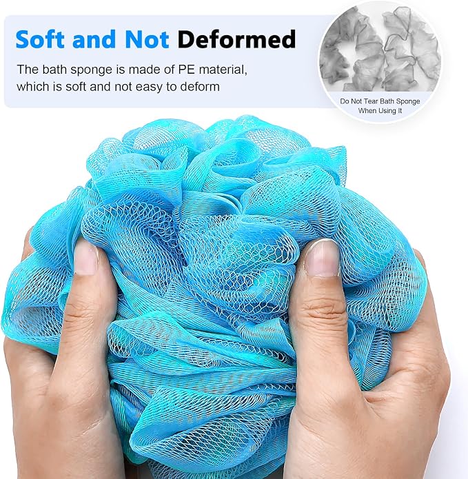 Loofah on a Stick PE Soft Mesh Luffa with Non-Slip Wooden Handle Made of Soft and Sturdy Rubber Material Back Scrubber for Shower for Women and Men with String for Easy Hanging(Green Blue)