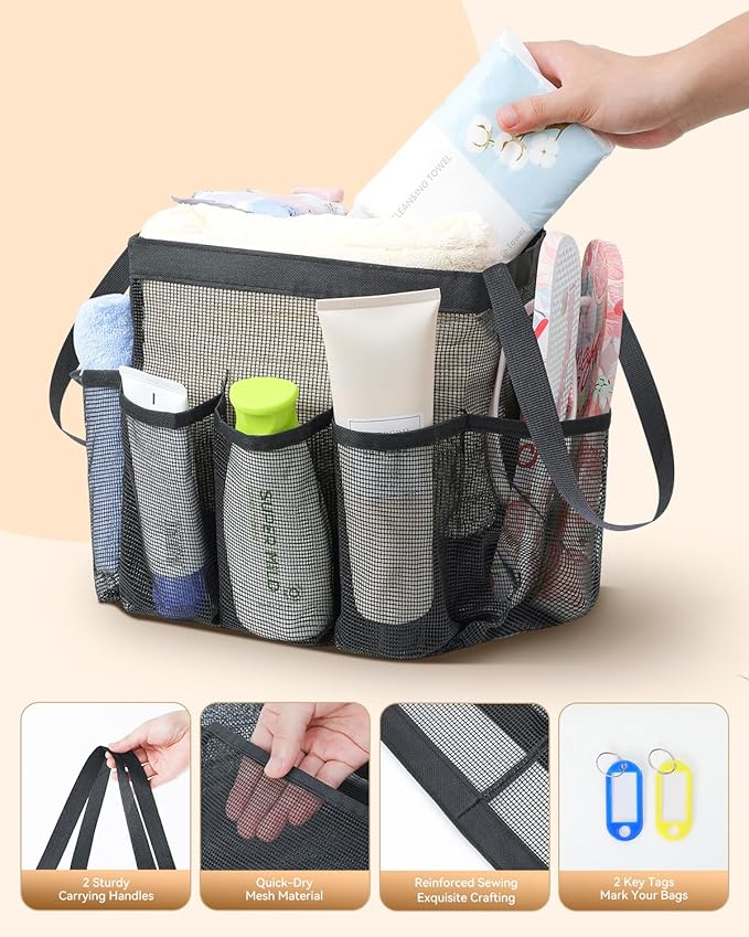 Temede Mesh Shower Caddy Tote, Large Shower Caddy Basket Portable, Quick Dry Hanging Toiletry Bag, 8 Storage Pocket Handle Bath Organizer for College Dorm, Gym, Camp, Travel