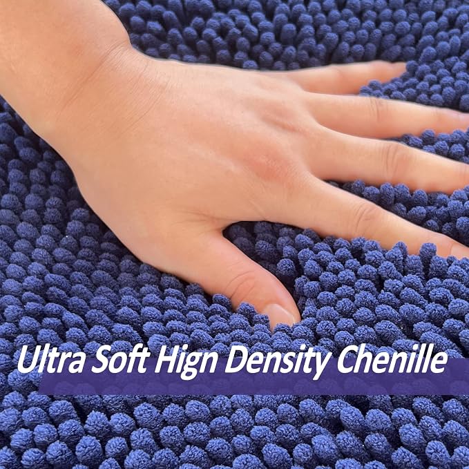 Indigo Blue Bathroom Rugs Non Slip Washable 3 Piece Extra Absorbent Shaggy Chenille and Mats Sets, Soft & Dry Bath Rug/Mat Sets for Carpets Set