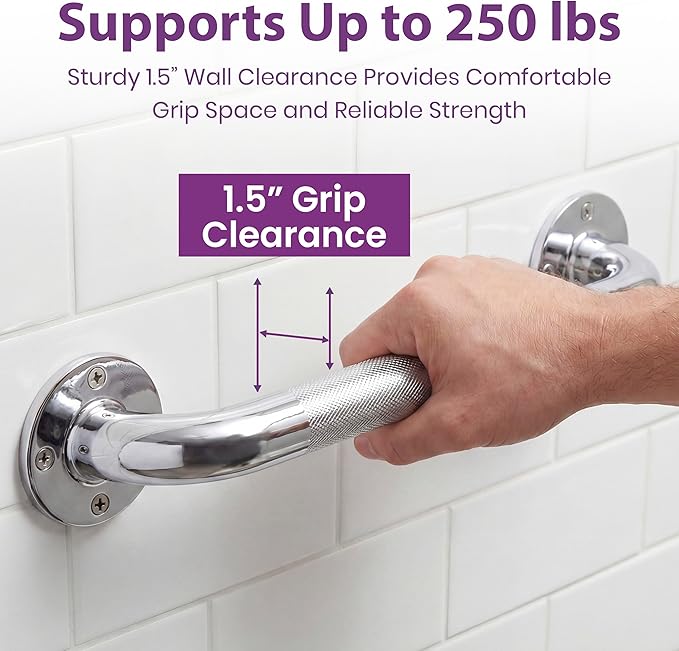 24 Inch Grab Bars for Bathtubs and Showers - Chrome Knurled Bathroom Safety Rail Handle - Non Slip Textured Grip Handicap Grab Bar for Seniors, 250 lbs Weight Support Capacity