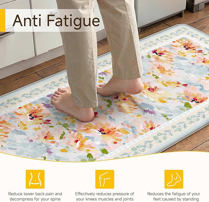 Anti Fatigue Kitchen Mats 2PCS Thick Non Slip Cushioned Rugs Blue Abstract Floral Waterproof Comfort Standing Mats for Floor Sink Laundry Office 17.3"×47"+17.3"×30"