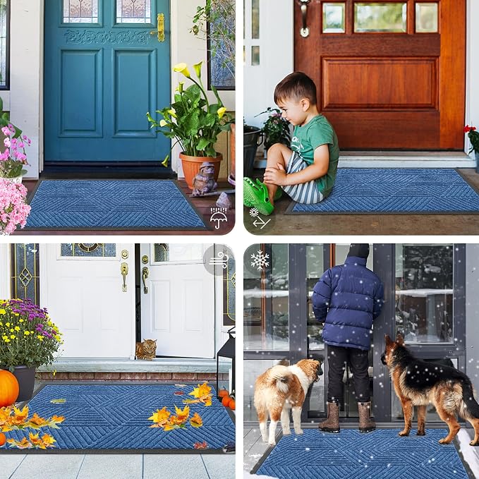 Smiry Front Door Mat Outside Entrance, Heavy Duty Sturdy Natural Rubber Doormat, Trap Dirt and Moisture, Easy Clean Low Profile Mats for Indoor Outdoor Entry, Irregular Triangle (71x47, Blue)