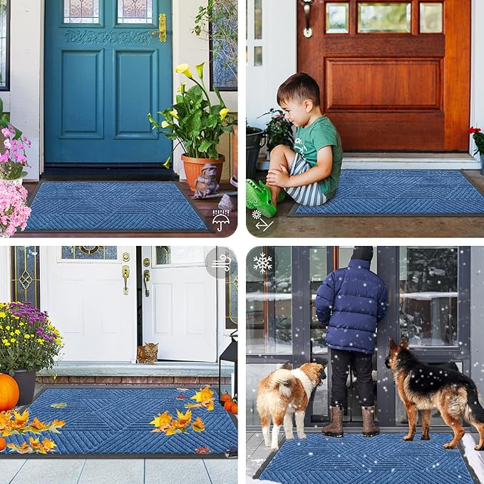 Smiry Front Door Mat Outside Entrance, Heavy Duty Sturdy Natural Rubber Doormat, Trap Dirt and Moisture, Easy Clean Low Profile Welcome Floor Mats for Indoor Outdoor Entry, 59x34 Inch, Blue