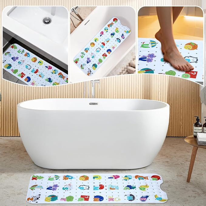 Baby Bath Mat for Tub Non Slip Kids Bathtub Mat Extra Long 40X16 Inch Toddler Bath Tub Shower Mat Anti Slip with Suction Cups & Drain Holes, Machine Washable (Alphabet)