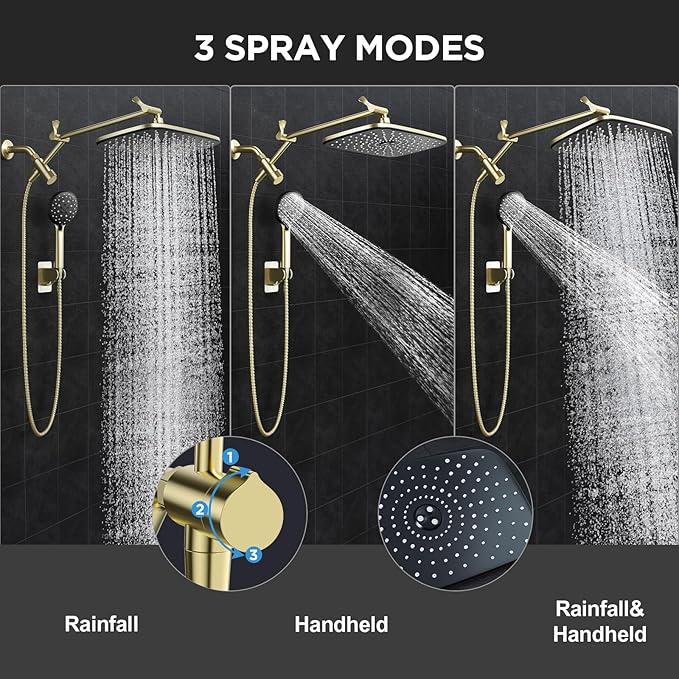 Veken 11.8" Rain Shower Head with Handheld, High Pressure Handheld Shower with Multi Spray Modes, Rainfall Combo with Metal Extension Arm, Detachable Dual Showerhead, Bathroom Decor, Gold