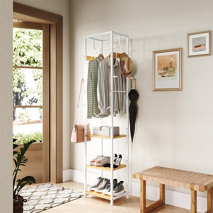 ELYKEN Coat Rack Freestanding, Hall Tree with 3 Storage Shelves and 12 Hooks, Industrial Clothes Rack Stand Organizer for Bedroom, Hallway, Entryway, Office, Living Room