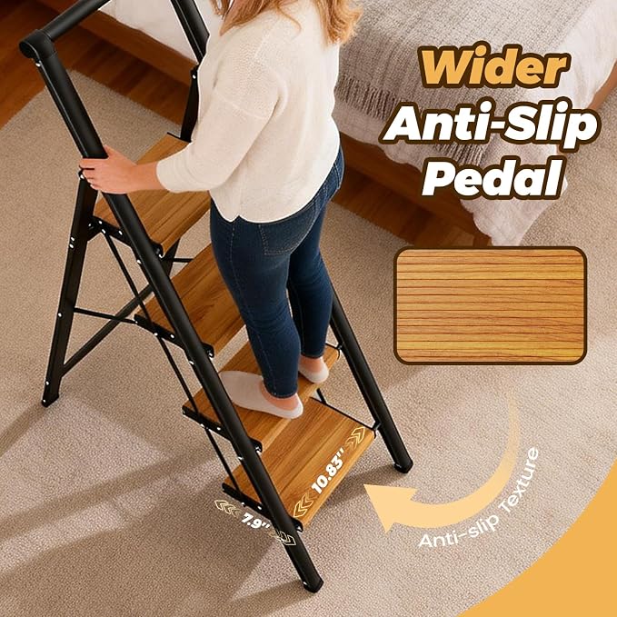 HBTower 4 Step Ladder with Handrail, Aluminum Folding Step Stool,330lbs Capacity Portable Step Ladder，Non-Slip Safety Ladder for Household,Kitchen,Office - BlackWoodgrain
