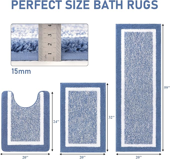 Pauwer Bathroom Rug Mat Set 3 Piece, Microfiber Shaggy Bath Set, Non-Slip Ultra Soft Carpet Mats, Absorbent with U-Shaped Toilet for Bathroom, Tub, Shower, Blue