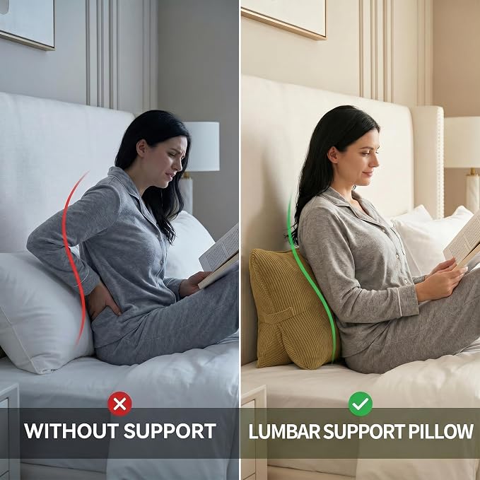Pat. Pend. Corduroy Lumbar Support Back Pillow for Reading & Lounging, Ergonomic Triangle Cushion for Sofa, Armchair & Bed Sitting, Removable Washable Cover, Mustard Yellow