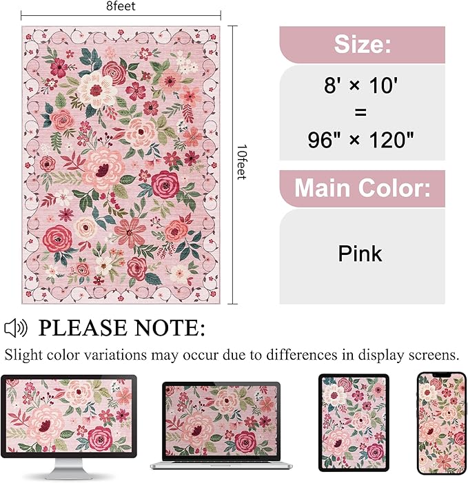 DUKINO 8x10 Area Rug, Floral Rugs for Living Room, Lightweight Non Slip Washable Rug, Indoor Low Pile & Non-Shedding Boho Design Rugs for Bedroom, Living Room, Dining Room, Pink
