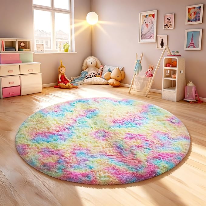 Ophanie Round Rugs 4Ft Rainbow Circle Area Rug, Colorful Unicorn Bedroom Dorm Decor for Teen Girls, Cute Fluffy Fuzzy Plush Soft Shaggy Living Room Carpet for Kids Baby Home Aesthetic Nursery Playroom