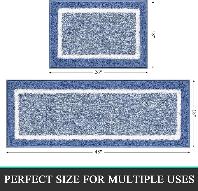 Pauwer Bathroom Rugs Sets 2Pc, Non Slip, Absorbent, Machine Washable, Blue, 18x26+18x48 inches