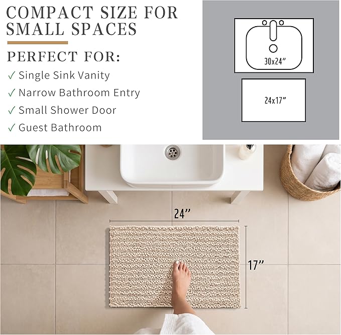 Yimobra Bathroom Rugs Non Slip Washable - Ultra Soft Absorbent Chenille Bath Mat, Quick Dry Shaggy Floor Carpet for Tub Shower, Light Brown Home Decor Accessories, 24x17 Inch