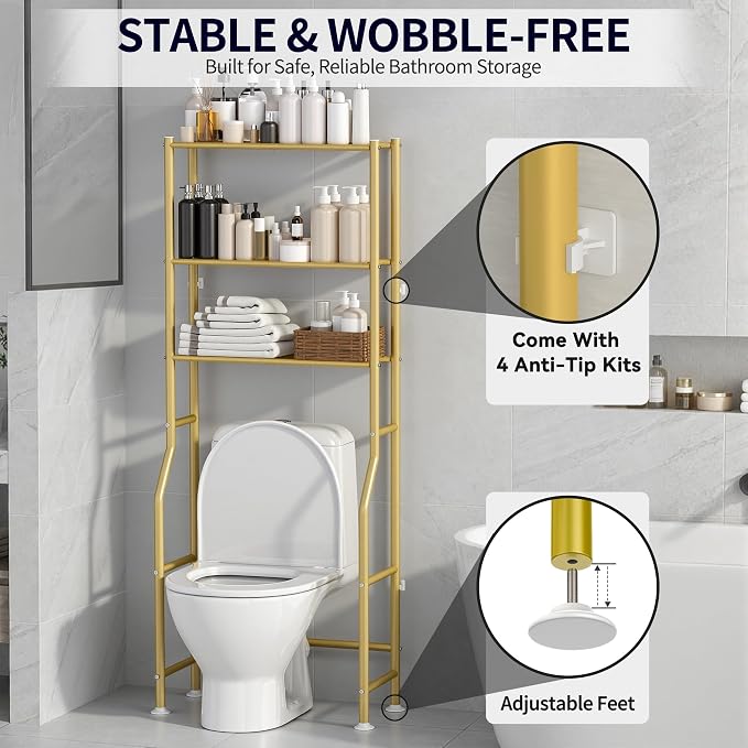 3-Tier Over The Toilet Storage, Freestanding Metal Bathroom Shelves, Space Saver Above The Over Toilet Storage Shelf for Bathroom (Gold)