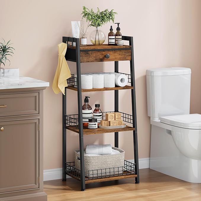 Gewudraw 4-Tier Ladder Shelf with Drawer, Bathroom Table Stand for Small Space, Bathroom Standing Shelves with Storage for Living Room Bedroom Kitchen, Organizer Shelf, Rustic Brown