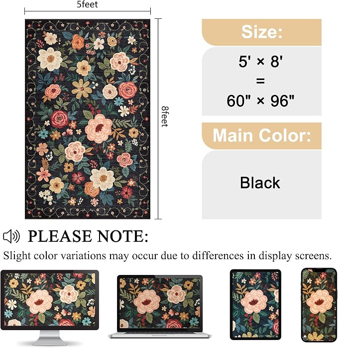 DUKINO Washable 5x8 Area Rug for Living Room, Lightweight Non Slip Floral Bedroom Rug with Non Shedding Design, Soft Low Pile Large Indoor Carpet for Dining Room, Kids Playroom, Nursery, Office, Black