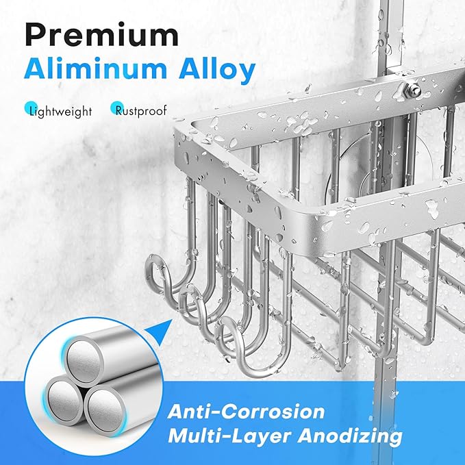 Sewulidon Aluminum Alloy Hanging Shower Caddy for Handheld Shower Heads,Rustproof Hose Shower Organizer 4 Levels Height Adjustable Shower Rack with Hooks,Razor Holder,Soap Holder