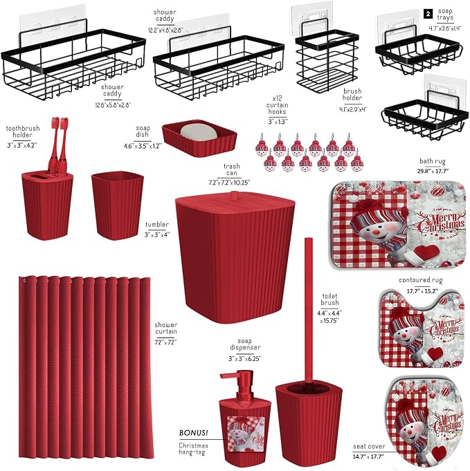 Clara Clark Bathroom Set - Christmas Bathroom Accessories Set, 27PC Bathroom Accessory Set, Christmas Bathroom Sets with Bathroom Rugs, Adhesive Corner Shower Caddy Hanging, Toilet Brush & Trash Can
