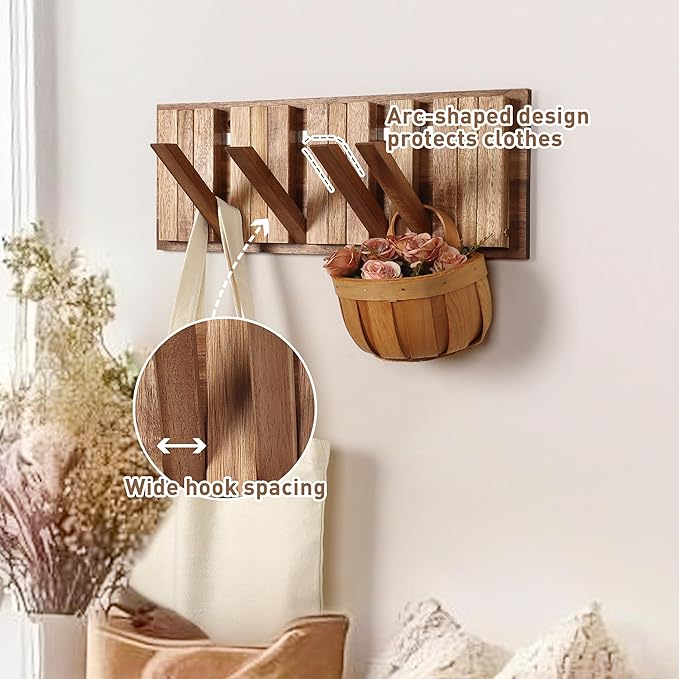 Wall Coat Rack for Entryway: Rustic Wooden Folding 8 Hooks Mount 16.5inch Decorative Piano Hanger for Farmhouse Hallway Bathroom for Towel Backpack Jacket (Neat Style)