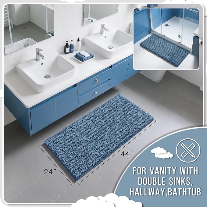 Yimobra Long Bathroom Rugs Non Slip Washable 44x24 Inch - Ultra Soft Absorbent Bath Mat, Quick Dry Shaggy Floor Carpet for Tub Shower, Denim Blue Home Decor Accessories