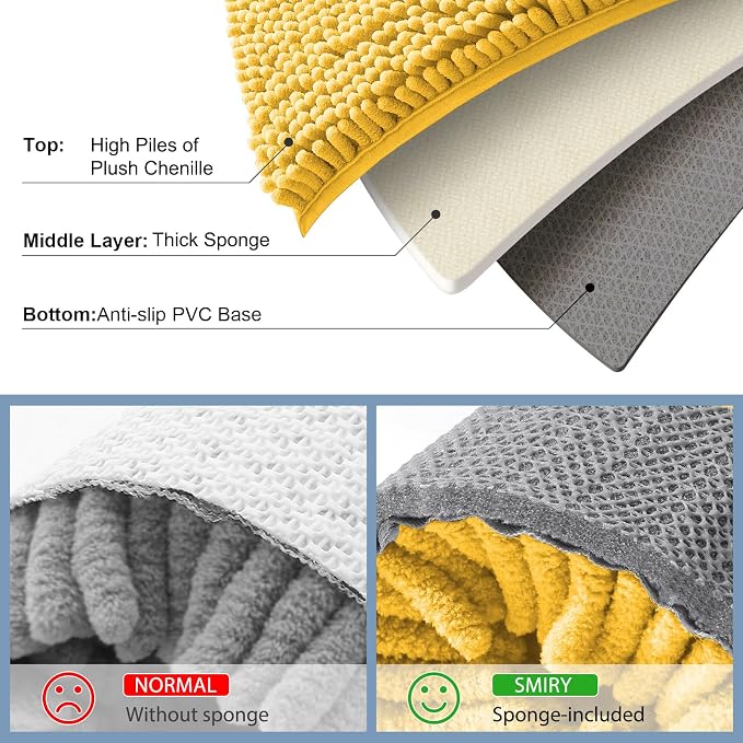 Smiry Luxury Chenille Bathroom Rugs 34x21, Extra Soft and Absorbent Shaggy Bath Mat, Machine Washable, Non-Slip Plush Carpet Runner for Tub, Shower, and Floor, Home Decor Accessories, Yellow