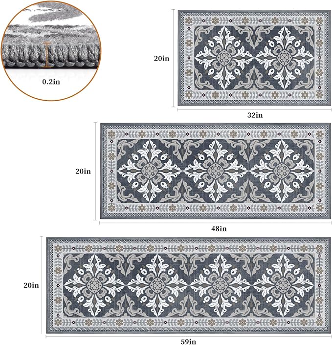 3-Piece Kitchen Rugs, Non-Slip & Washable Floor Mats, Water-Absorbent Area Pad, Standing Desk Mat for Office, Home, Doorway, Laundry, Kitchen Accessories (Grey)