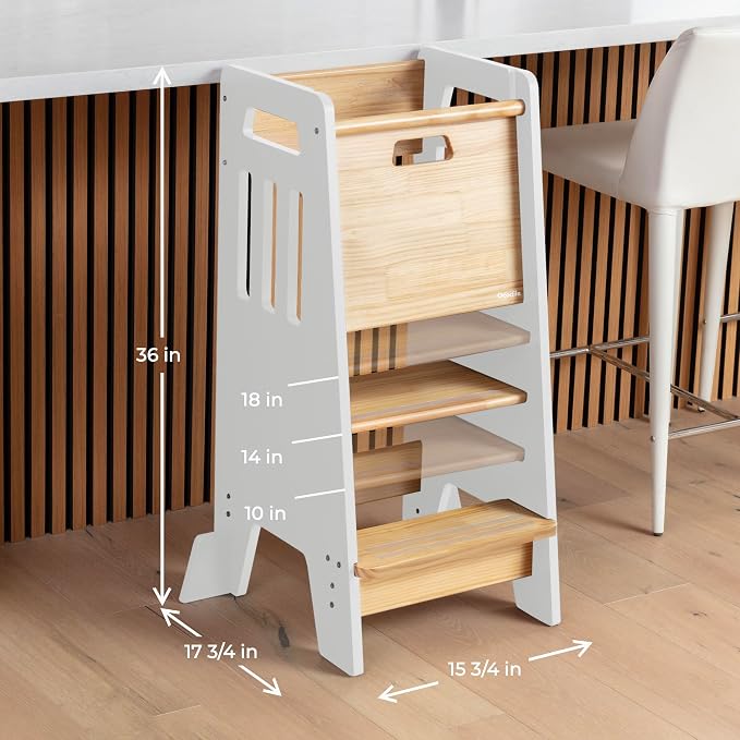 OCODILE Toddler Tower with a Sliding Door and 3 Adjustable Heights - Safe Toddler Kitchen Step Helper with Support Feet - Updated Design for 18+ Months to 6-Year-Old Kids - White