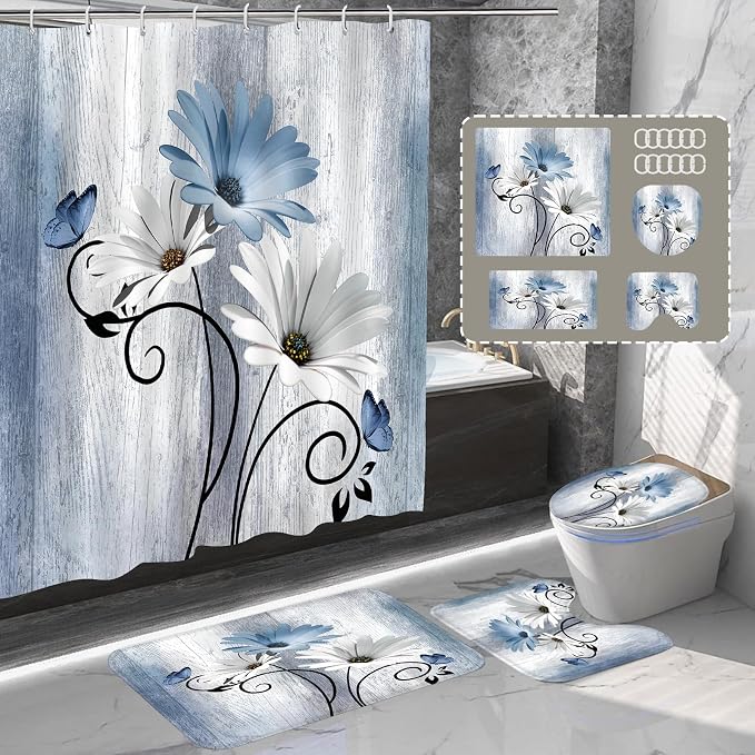 Onalasyc 4PCS Blue Daisy Flowers Plants Shower Curtain Set, Shower Curtain and Carpet and Accessories, Waterproof Bathroom Shower Curtain Decorative Set, with 12 pcs Hooks,71 x 71in