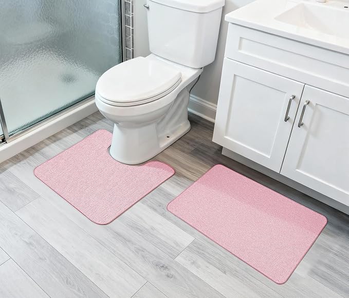 Bosap Bathroom Rugs Set 2 Pieces,Thin Bathroom Mats,Toilet Rugs,Quick Dry,Non-Slip,Machine Washable,Low Pile,Absorbent Bath Mats,Shower,Sink,Home Decor Accessories.Pink,1'5"x2'3"+1'8"x2" U Shape