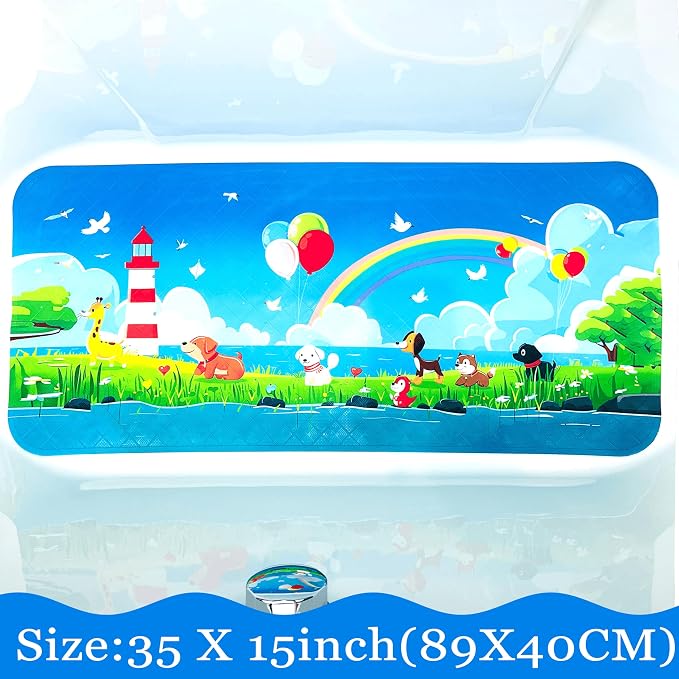 BEEHOMEE Bath Mats for Tub Kids,Baby Toddler - Large Cartoon Non-Slip Bathroom Bathtub Anti-Slip Shower Mats for Floor 35x15,Machine Washable XL Size Bathroom Mats (Lighthouse)