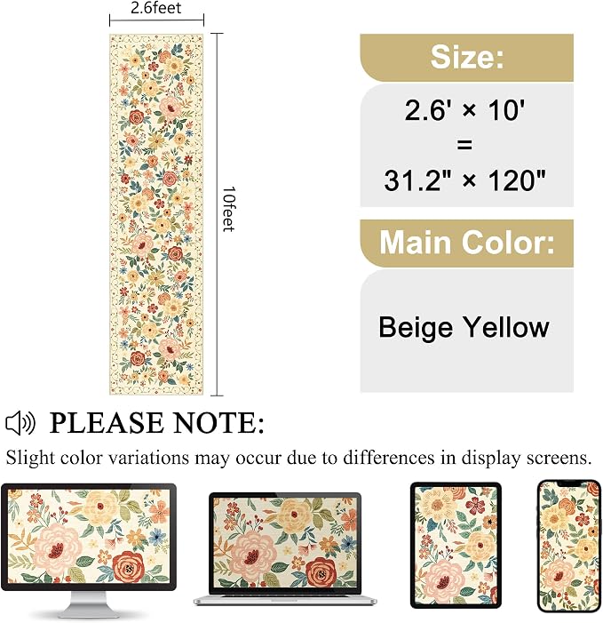 DUKINO Runner Rug for Hallway, 2.6x10 Washable Floral Long Kitchen Rug with Non Slip Backing, Lightweight & Stain Resistant Runners for Indoor Entrance, Laundry, Living Room, Bedroom, Beige Yellow