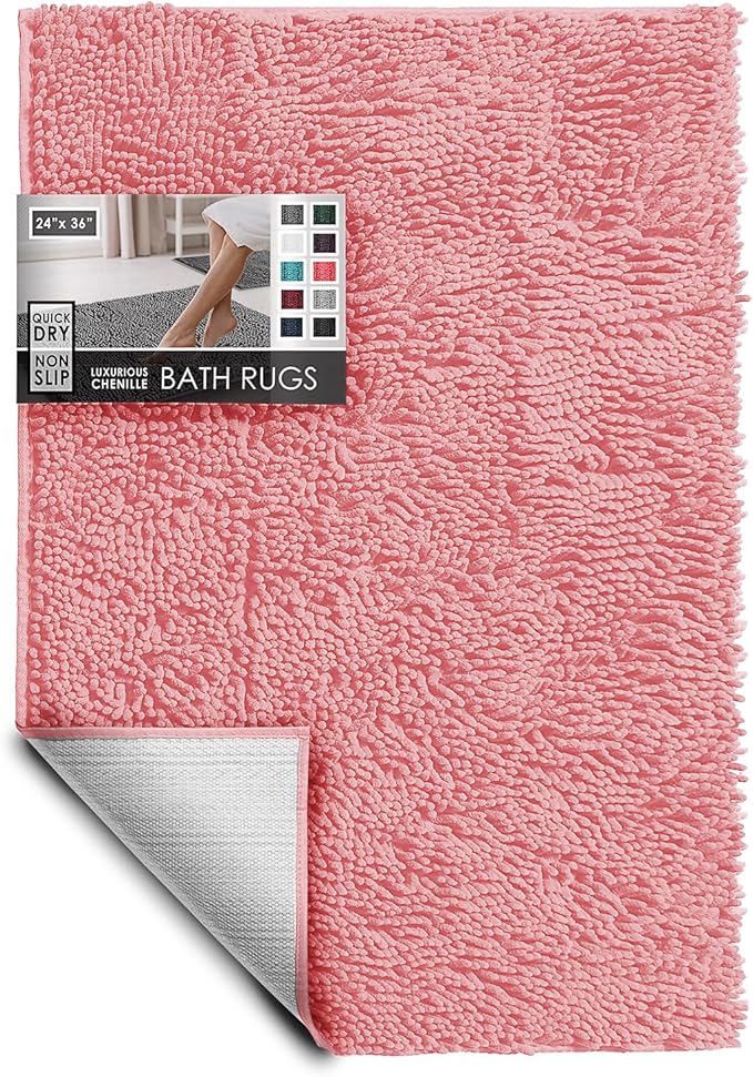 Hearth & Harbor Bathroom Rugs, Chenille Bath Mat - Machine Washable Bath Mats for Bathroom Non-Slip Backing Rubber, Quick Dry Bathroom Mat, 24 x 36 - Pink