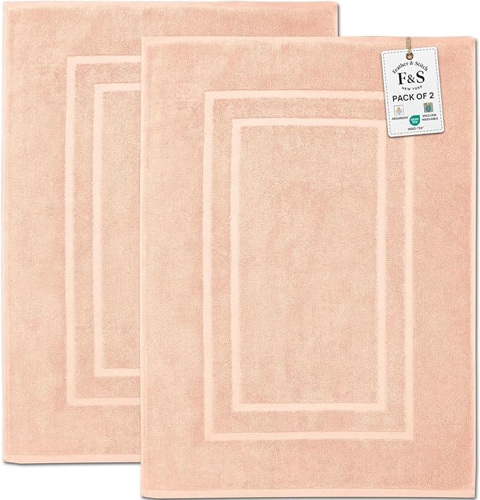 Feather & Stitch 2 Piece Towel Like Bath Mats (30x21 Inch) 100% Cotton Terry Bath Mats, Bathroom Shower Floor Mats [NOT A Bathroom Rug], Soft Absorbent Washable Mats - Pale Peach