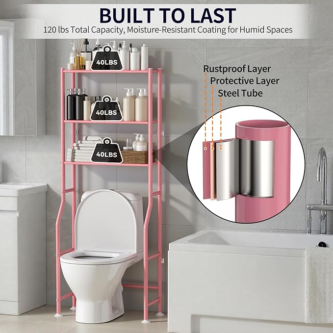 3-Tier Over The Toilet Storage, Freestanding Metal Bathroom Shelves, Space Saver Above The Over Toilet Storage Shelf for Bathroom (Pink)