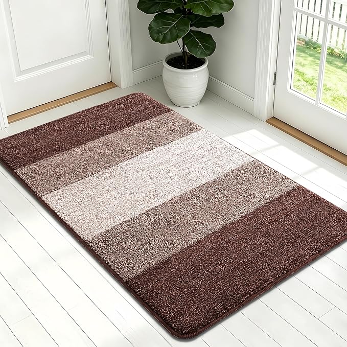 Kitinjoy Indoor Outdoor Door Mat, 54x32 Non-Slip Absorbent Dirt Trapper, Low-Profile Washable Inside Entrance Front Floor Mat, Sturdy Soft Entry Doormats for Entryway, Brown