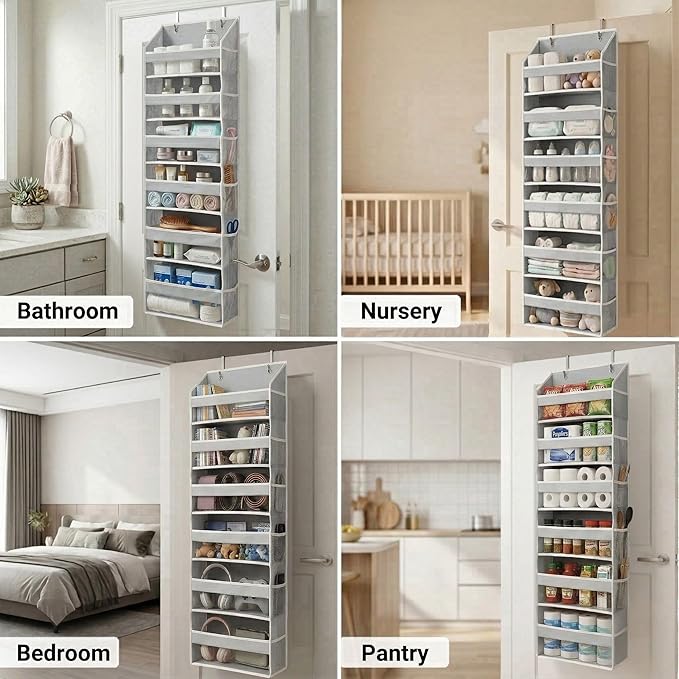 HOMELUX THEORY UPGRADED 6 Tiers Over The Door Organizer Hanging - 100D EXTRA THICK & 50lbs HUGE CAPACITY, 12 Side Mesh Pockets Over The Door Shoe Organizer, Hanging Closet Organizer (Light Gray, 1pc)