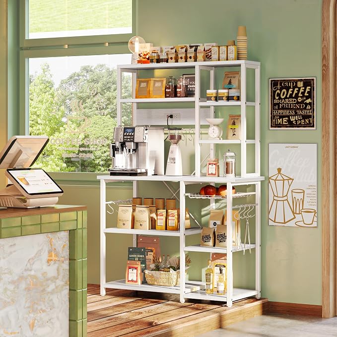 SUPERJARE Large Bakers Rack with Power Outlets, 6-Tier Microwave Stand, Coffee Bar with 12 S-Shaped Hooks, Kitchen Shelf with Wire Basket, 39.4 x 14.6X 66.9 Inches, White