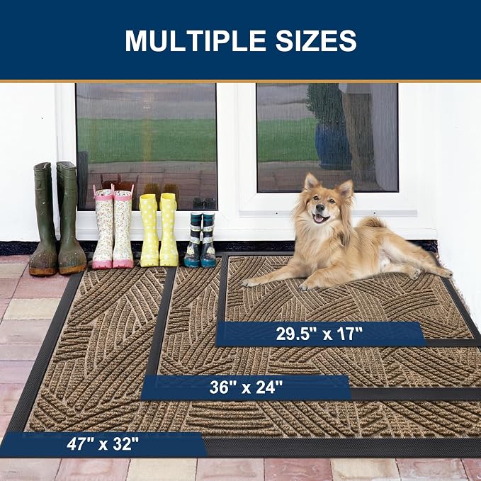Smiry Front Door Mat Outside Entrance, Heavy Duty Sturdy Natural Rubber Doormat, Trap Dirt and Moisture, Easy Clean Low Profile Mats for Indoor Outdoor Entry, Interwoven Stripes 29.5x17, Brown