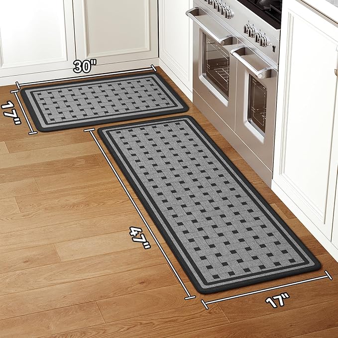 Kitchen Mats for Floor, 17''x30''+17''x47''Kitchen Rugs Set of 2, Washable Absorbent Non Slip Kitchen Mat, Braided Kitchen Runner Rug, Kitchen Sink Rug, Grey