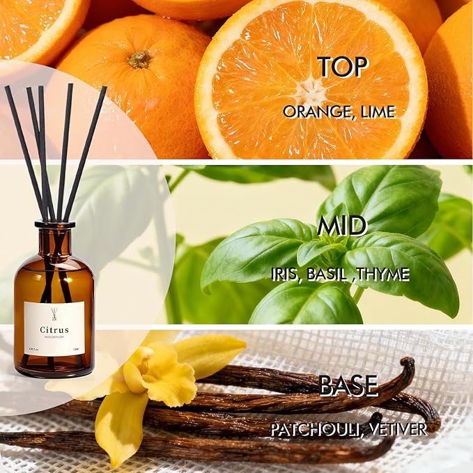 Reed Diffuser Set, 8.12 fl.oz Citrus Scent Oil Diffuser with Sticks, Long-Lasting Home Fragrance Reed Diffuser for Bathroom Shelf Decor, Air Freshener Room Diffuser, 2 Pack