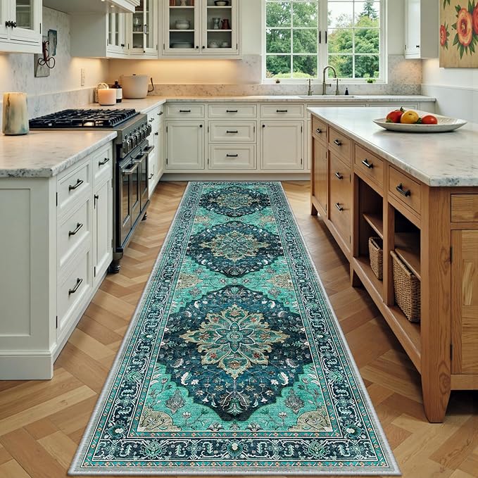 RELEANY Area Rugs Runner 2'x7' Washable Non-Slip, Floral Vintage Distress Medallion Carpet for Kitchen Hallway Bedroom Beside Laundry Room Bathroom, Teal Green Lake Blue Turquoise