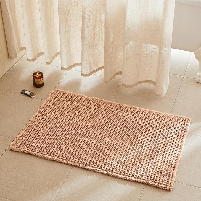 TYUU Waffle Bath Mat, Boho Bathroom Rugs Non Slip Washable Super Absorbent Quick Dry Bath Mat Farmhouse Bathroom Decor, 36"x24" Light Peach