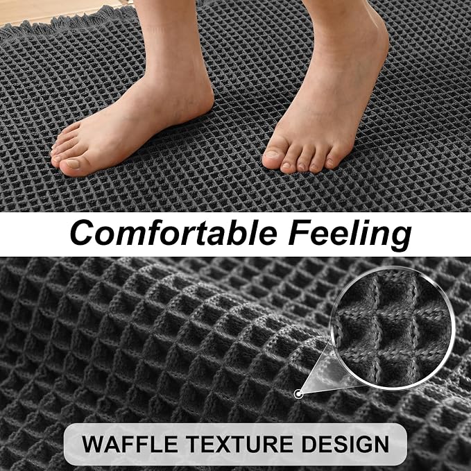 JIUZHEN Set of 2 Waffle Bath Mats Super Absorbent Boho Bath Rugs Non Slip Washable Bathroom Rugs Ultra Soft Machine Washable Shower Mats for Bathroom Floor, Tub, 16" x 24" +24" x 36", Black