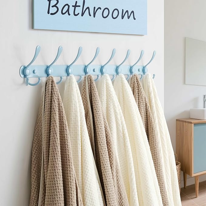 Dseap Coat Rack Wall Mount - 29.5” Long 8-Tri-Hooks Heavy Duty Coat Hanger Rail Wall Hooks for Hanging Coats Hats Clothing Clothes Purse Mudroom Entryway, Blue