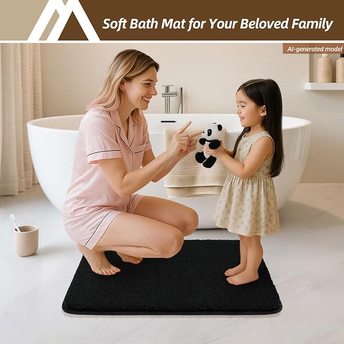 COSY HOMEER Bathroom Rugs Mat 24”x36” Absorbent Non-Slip Bath Mat Plush Shaggy Machine Washable Bath Rugs Soft Polyester Bath Mats for Bathroom Floor,Tub and Shower,Black