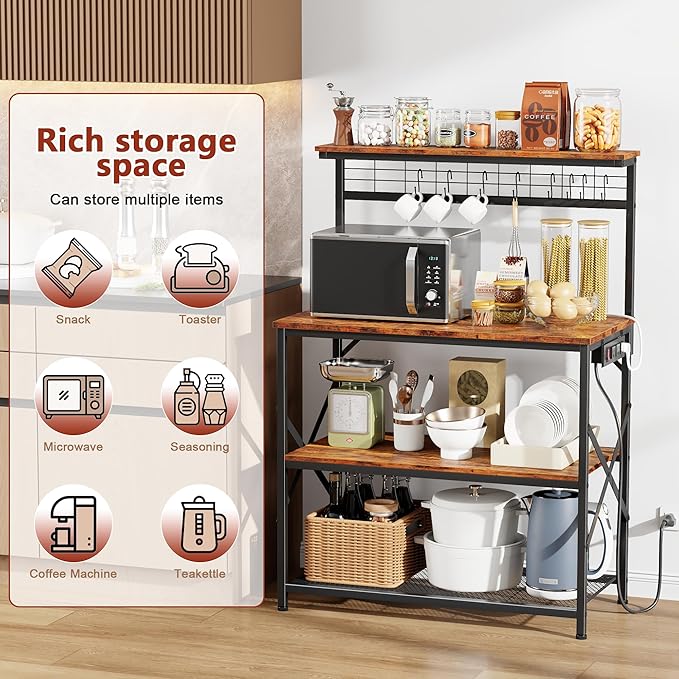 Furologee Kitchen Bakers Rack with Power Outlet,Coffee Stand with Storage 4 Tiers,Coffee Bar Station with a 31.5 Inch Larger Desktop and 8 S Hooks,Kitchen Microwave Rack for Spices,Pots,Rustic Brown