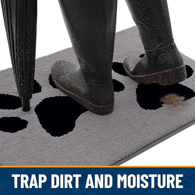 Smiry Dog Door Mat for Muddy Paws, Absorbs Moisture and Dirt, Low-Profile Entryway Mat with Non-Slip Backing, Entry Indoor Outdoor Doormat for Inside Floor (40x32 Inches, Grey, Paw)
